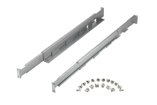 A rack mounting kit consisting of two metal rails and a set of brackets and screws.